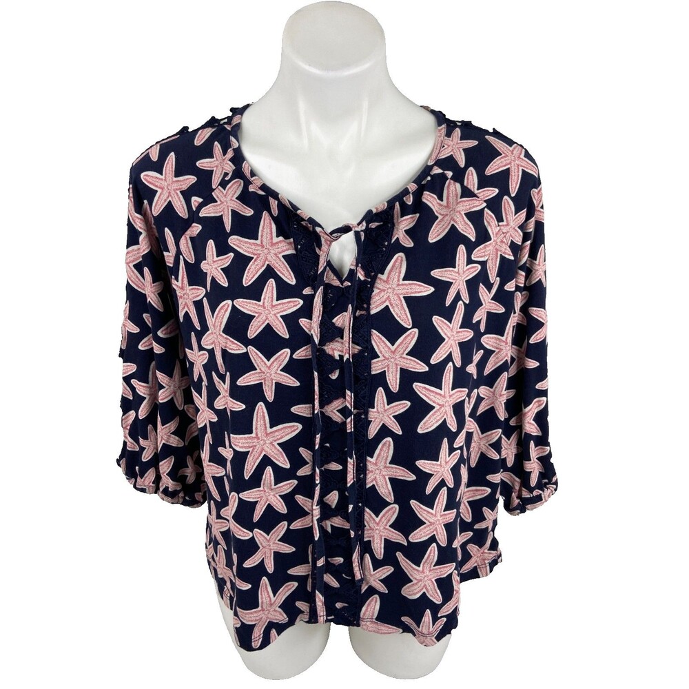 Crown & Ivy Women Petite Medium Starfish Blouse Blue Cutout Sleeve Tie Neck